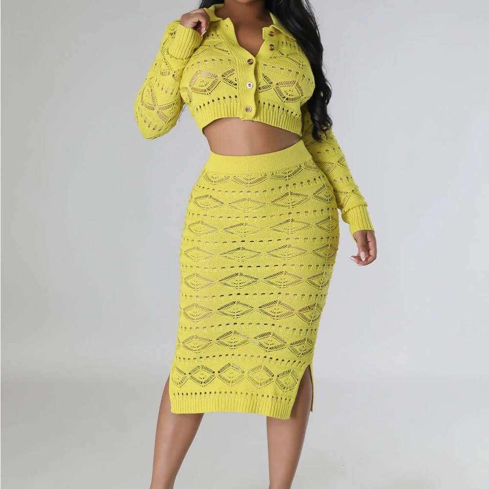 Good Times USA Lemon Knit Skirt Set NWT . Crochet Shirt and Cropped Sweater S